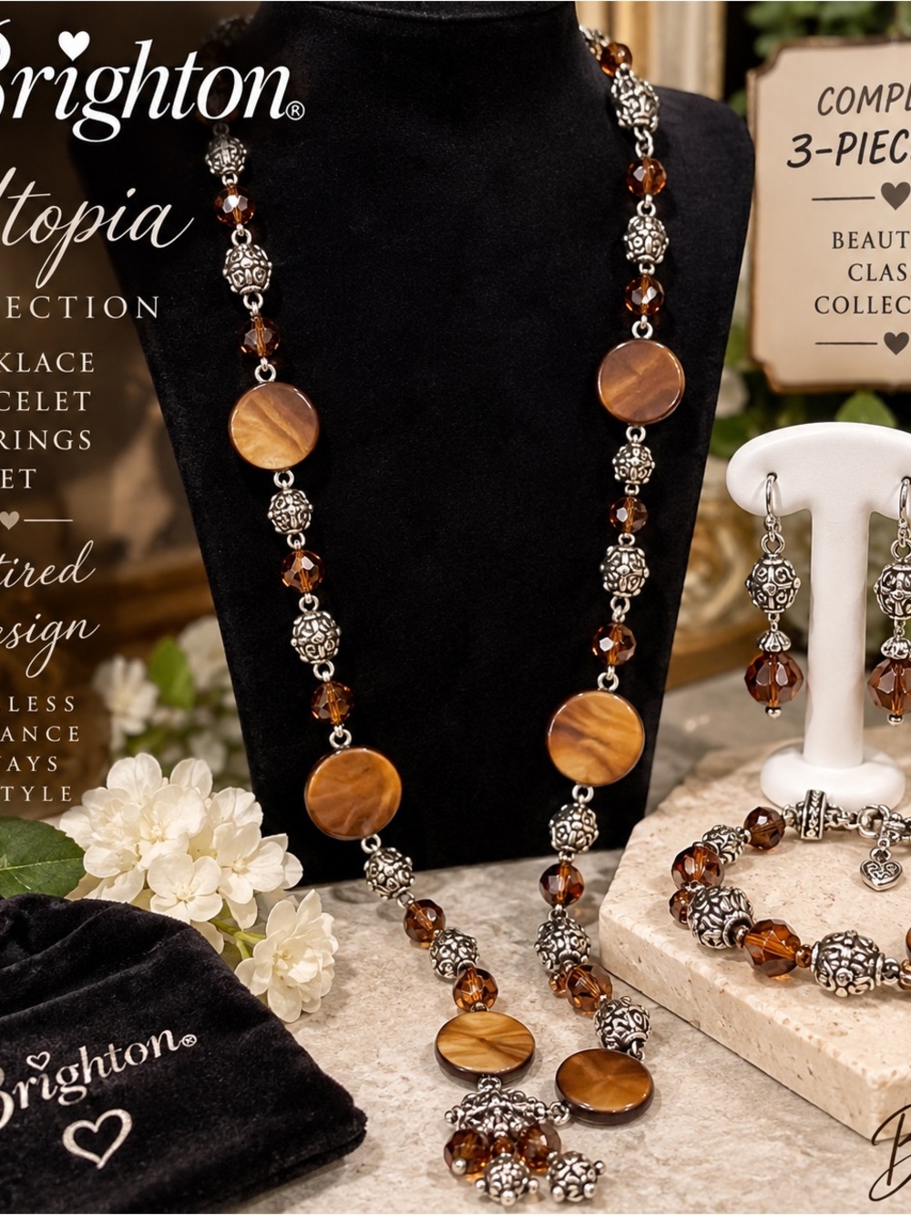Brighton Brown Beaded Necklace & Earring Set Utopia Set Retired